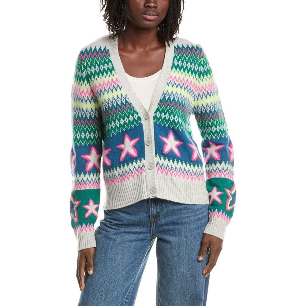 &Isla Womens  Penny Fairisle Star 100% Cashmere Cardigan, Silver